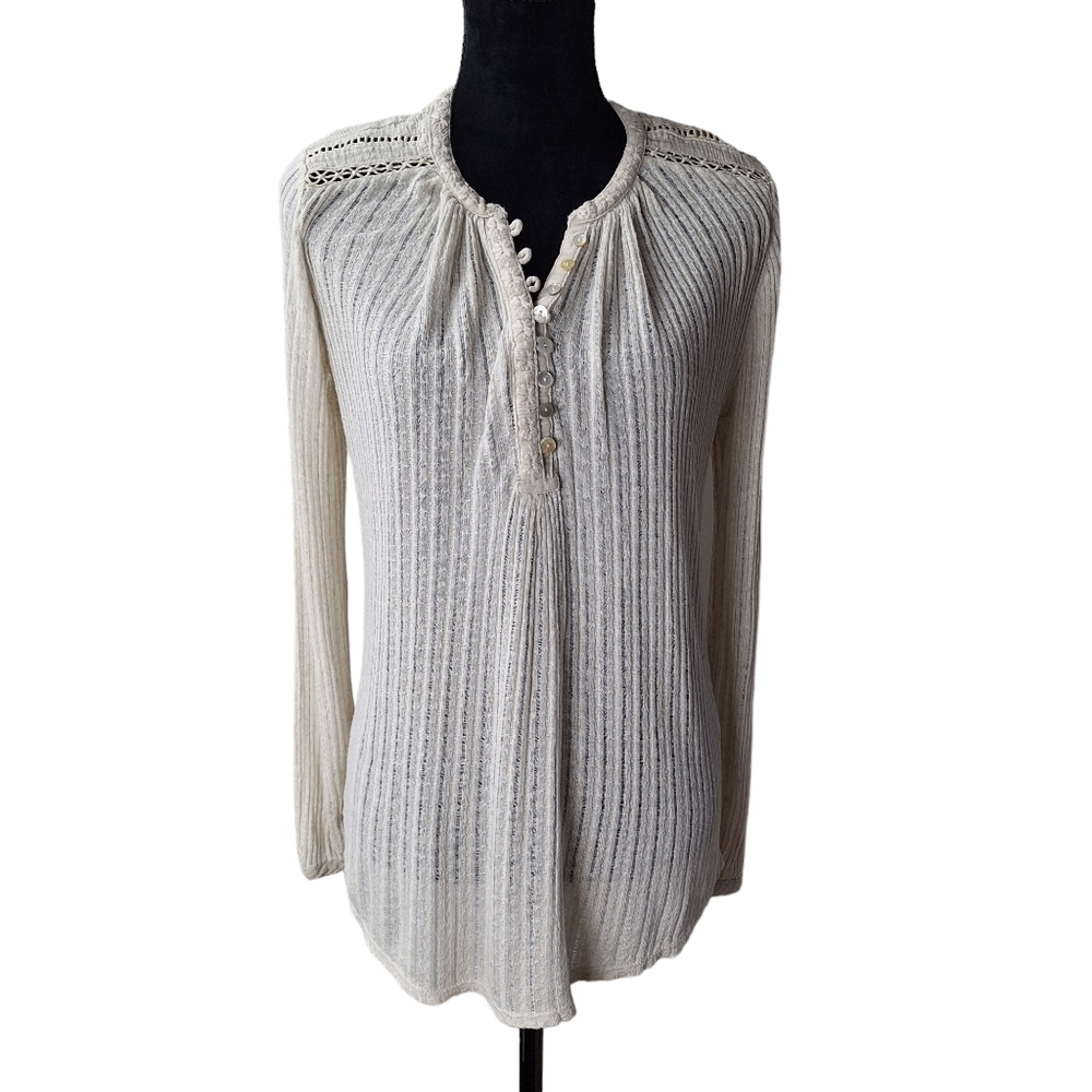 Lucky Brand Size Medium Beige Long Sleeve Textured‎ Henley Pullover Top